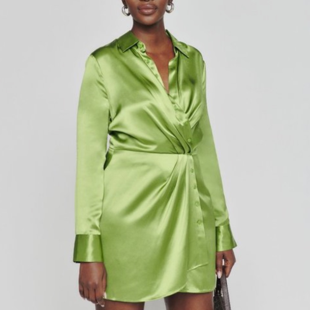 REFORMATION Alaine Green Avocado Silk Mini Dress Button Sz 12 Long Sleeve EUC